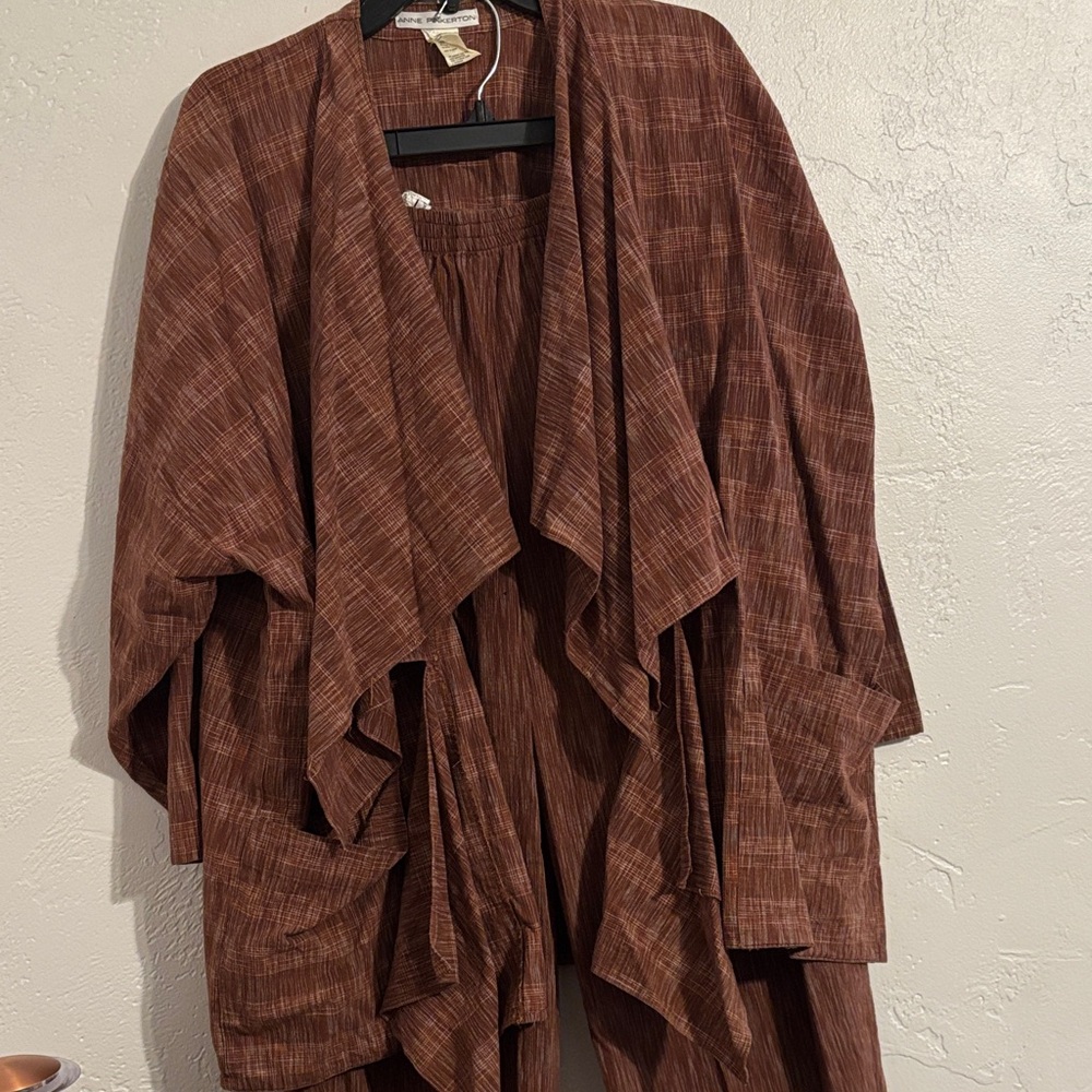 Anne Pinkerton Brown Kimono Style Jacket Top Pants Pantsuit
